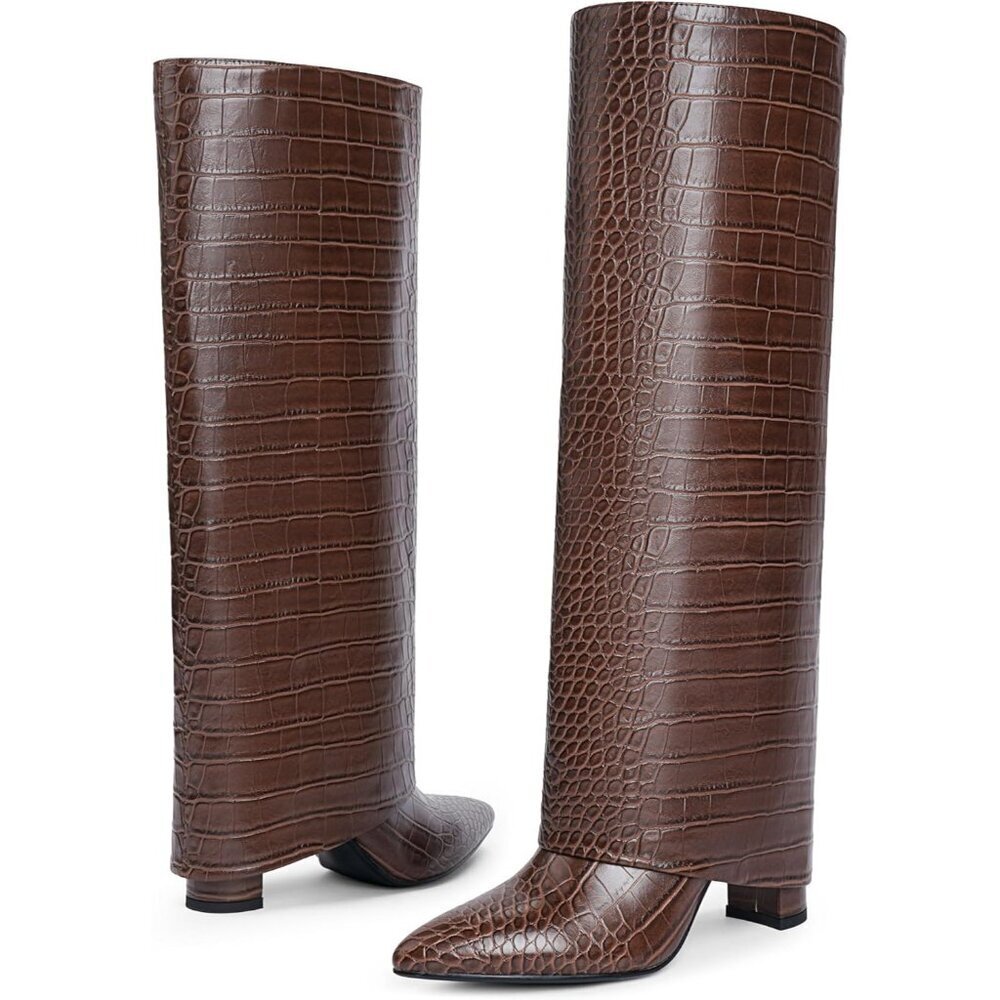Women Crocodile-brown Leather Fold Over Knee High Chunky High Heels Long Boot - Picture 6 of 7